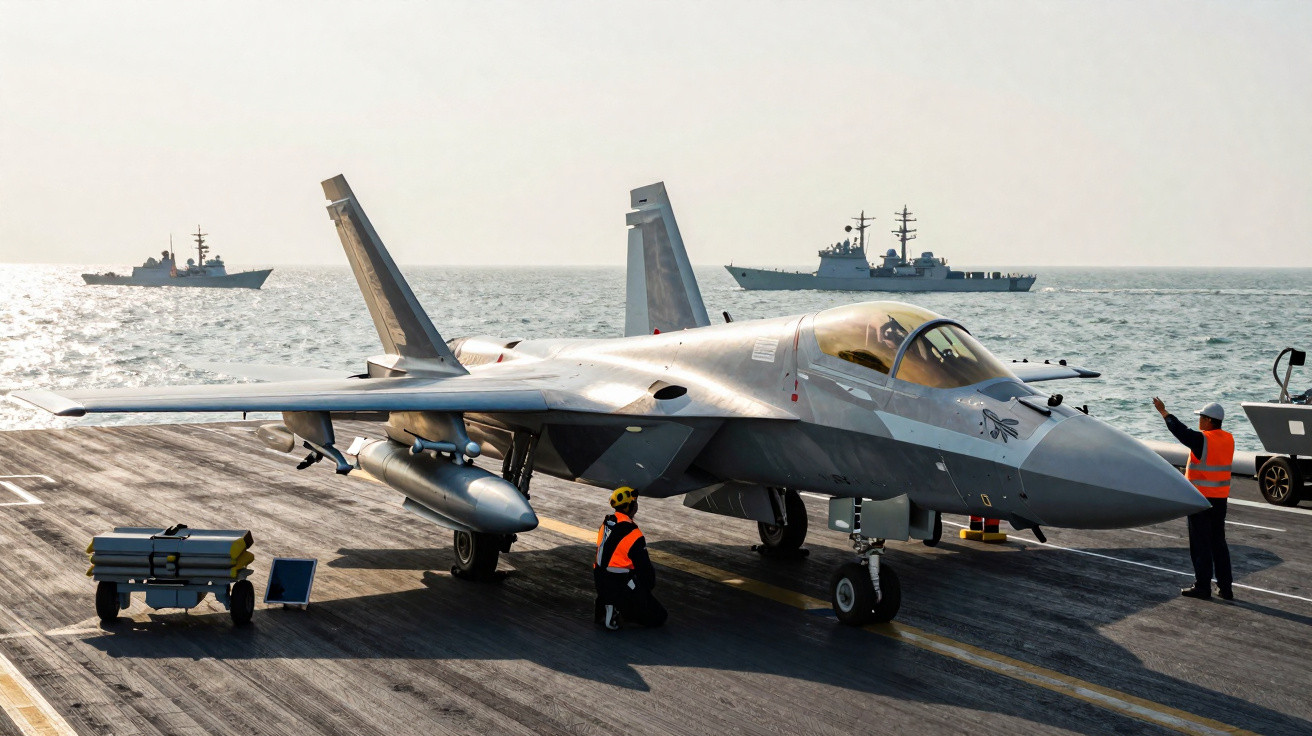 Caça furtivo estacionado em porta-aviões com dois militares e navios ao fundo no mar.