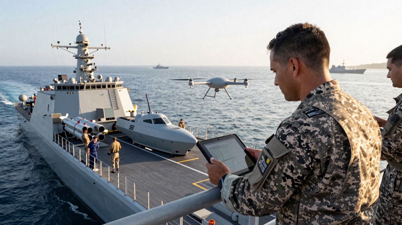 Militar controla drone com tablet no convés de navio de guerra no mar durante o dia.