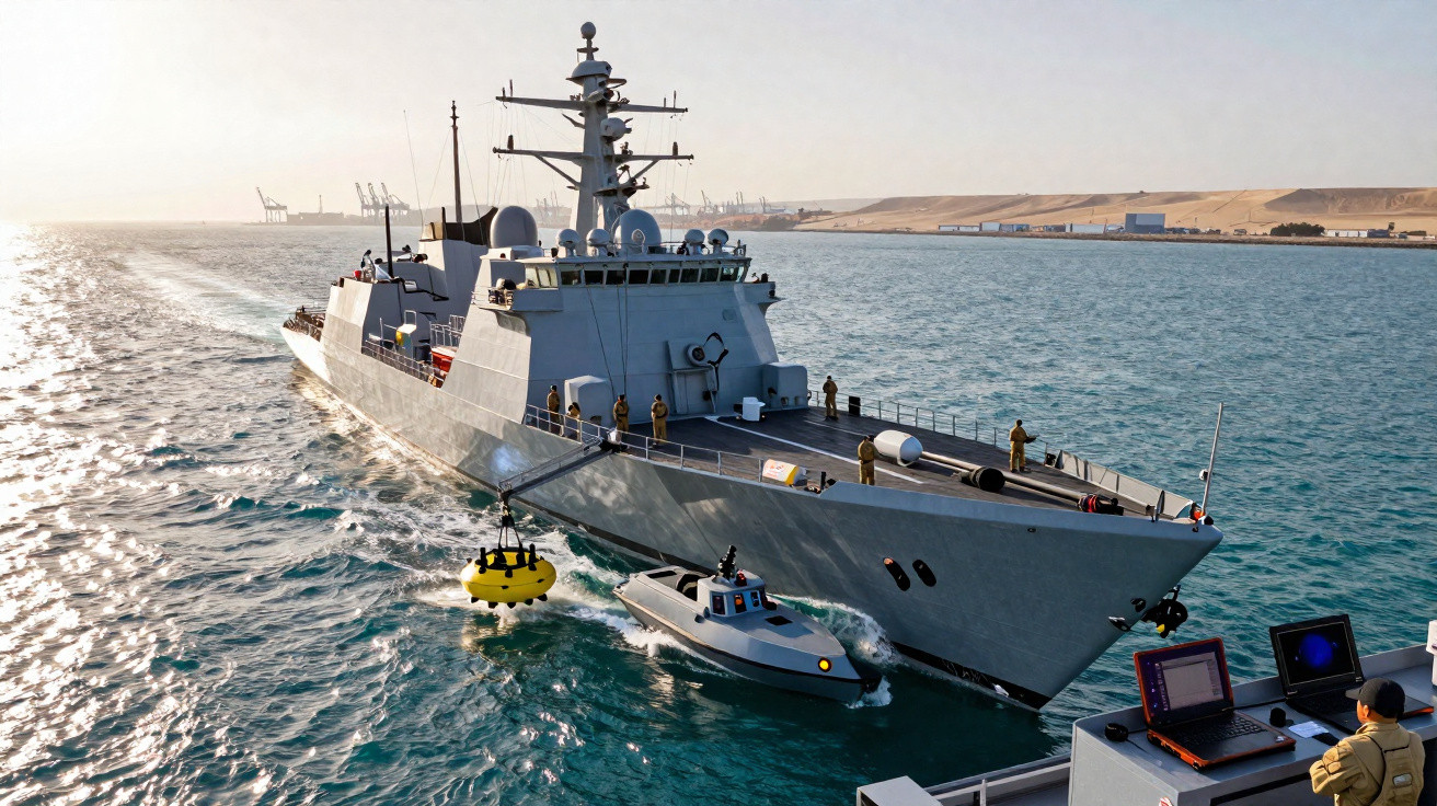 Navio militar cinzento no mar com bote e equipamento tecnológico no convés de um outro navio.