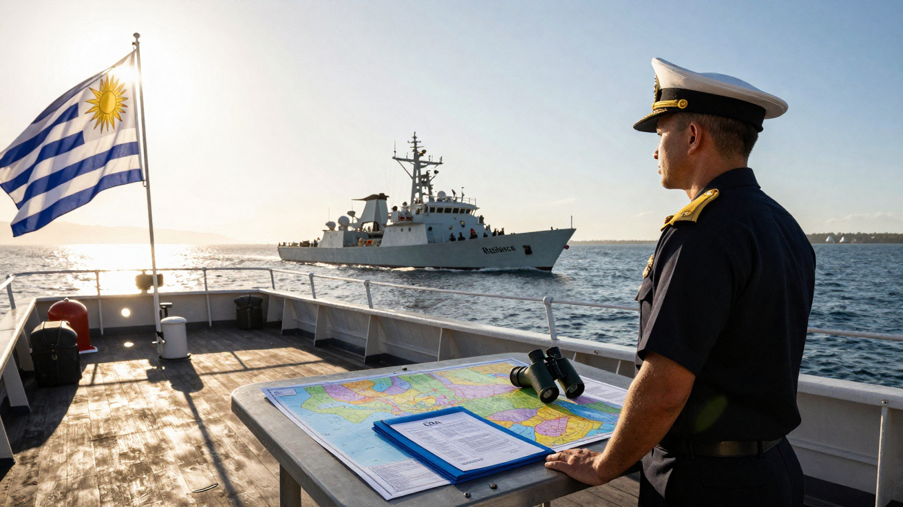 Marinheiro em uniforme observa navio de guerra no mar, com bandeira do Uruguai e mapa náutico à frente.