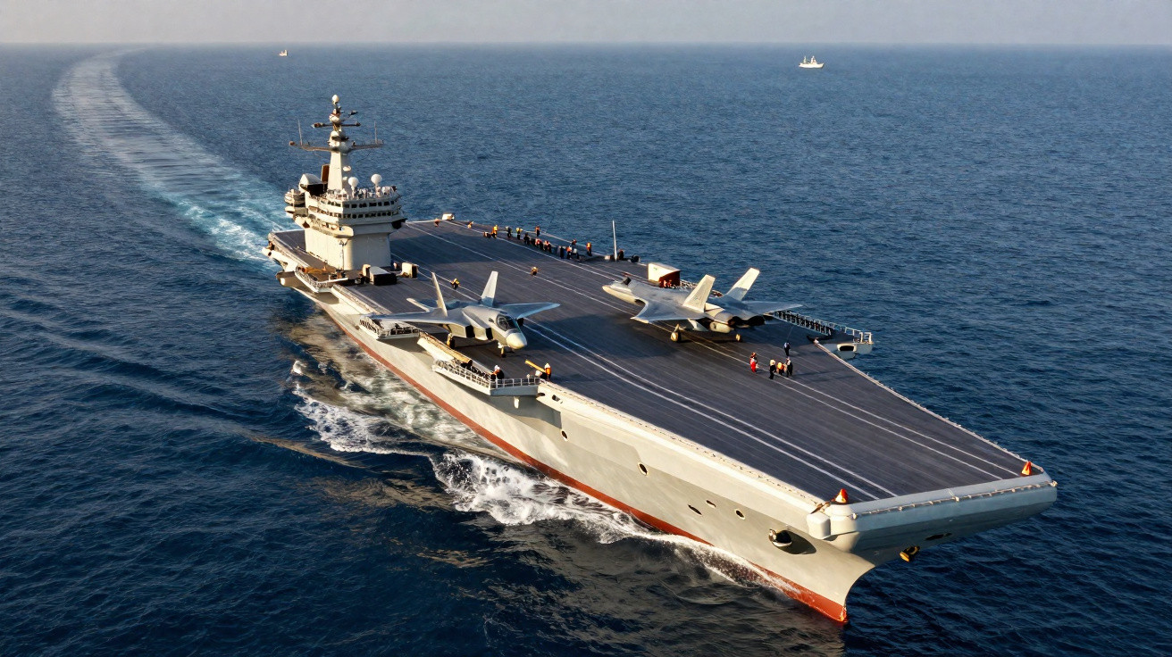 Porta-aviões naval a navegar no mar com aviões de combate estacionados no convés.