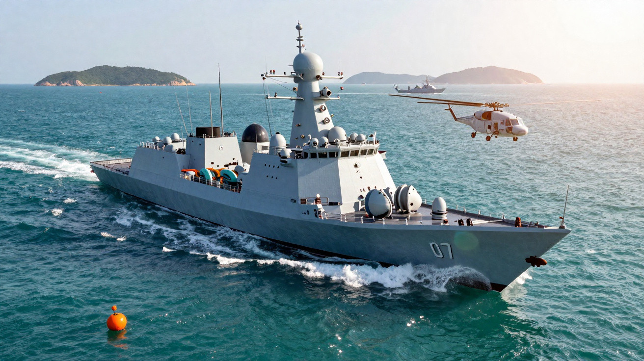 Fragata militar cinzenta no mar com helicóptero a voar ao lado e ilhas ao fundo.