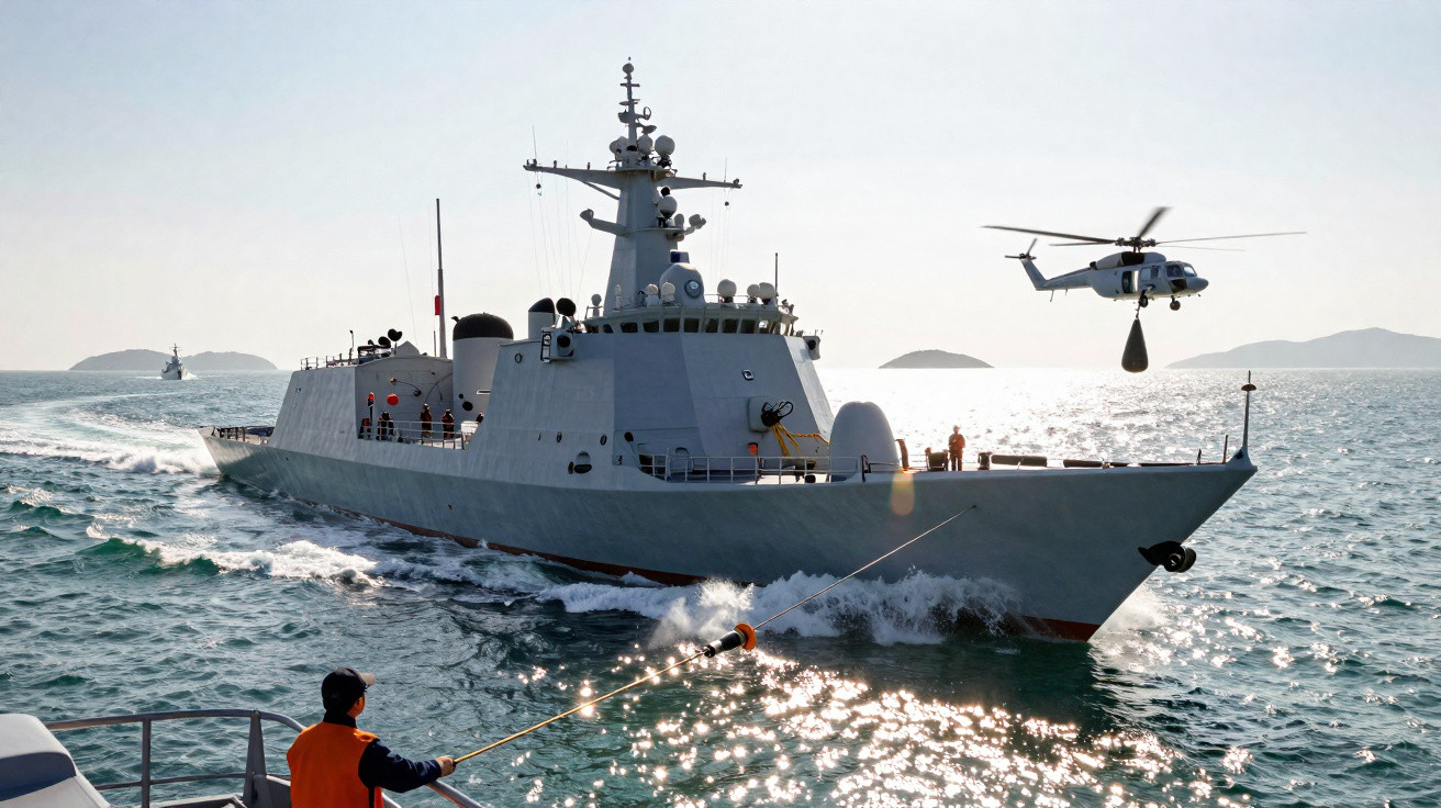 Navio militar cinzento no mar com helicóptero a sobrevoar e uma pessoa a lançar corda da embarcação próxima.