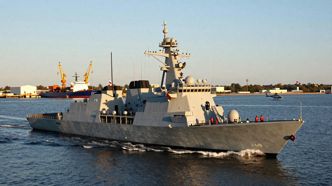 Navio militar cinzento a navegar em águas calmas perto de um porto com guindastes visíveis.