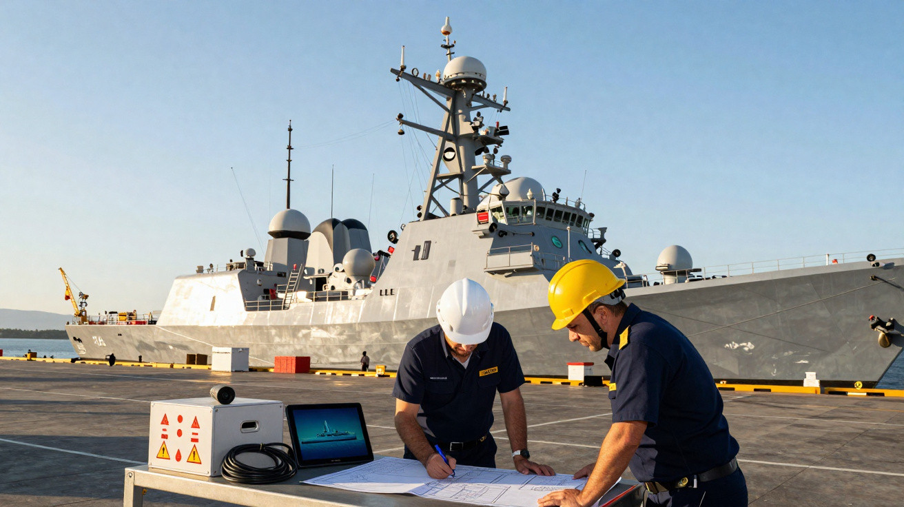 Dois técnicos navais em capacetes de segurança analisam planos junto a um navio militar atracado.
