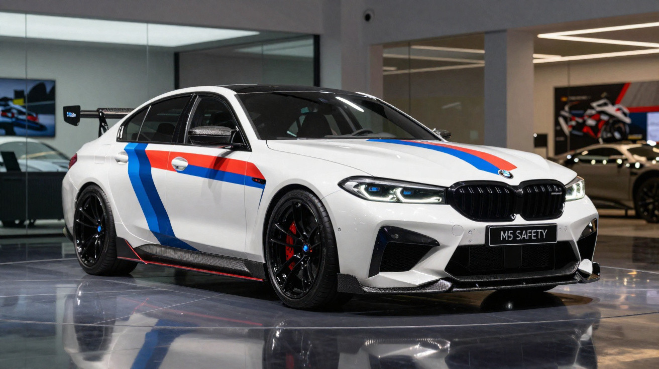 Carro BMW M5 branco com faixas coloridas e roda preta, exibido num showroom moderno.