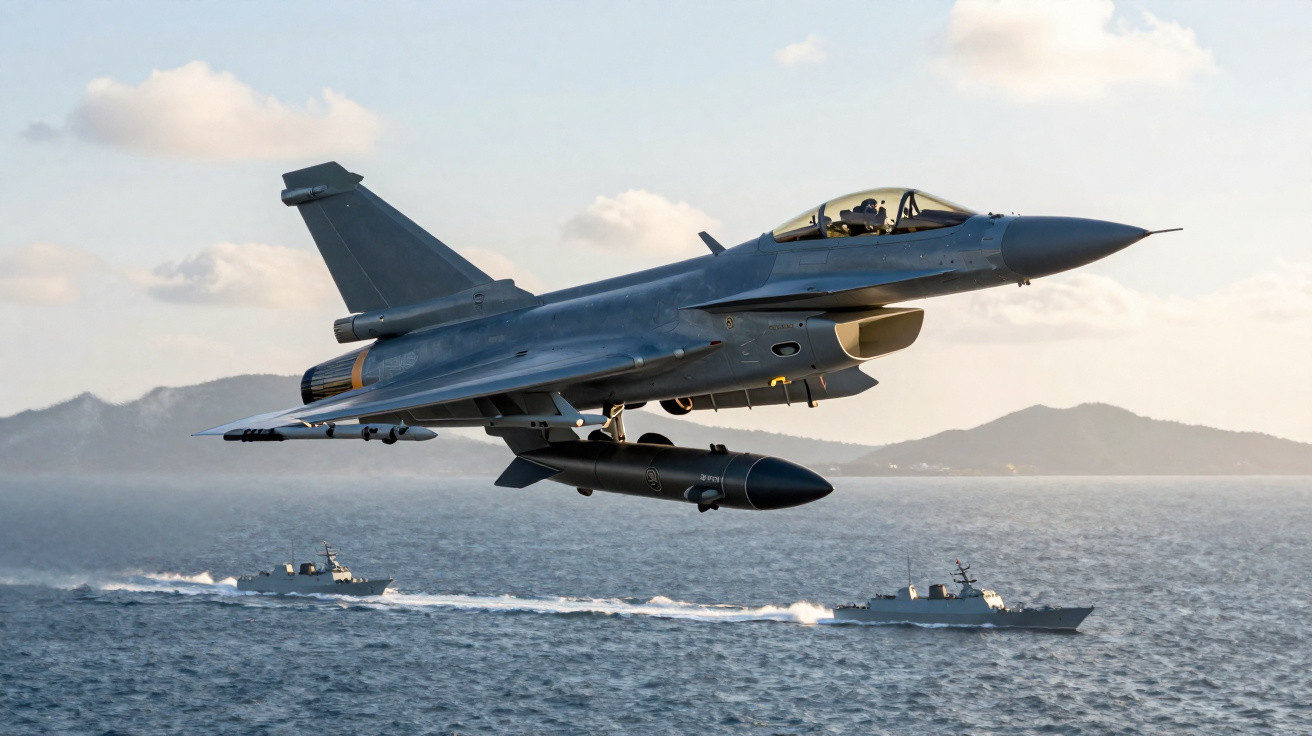 Caça militar cinzento voando sobre o mar com dois navios militares ao fundo e montanhas distantes.