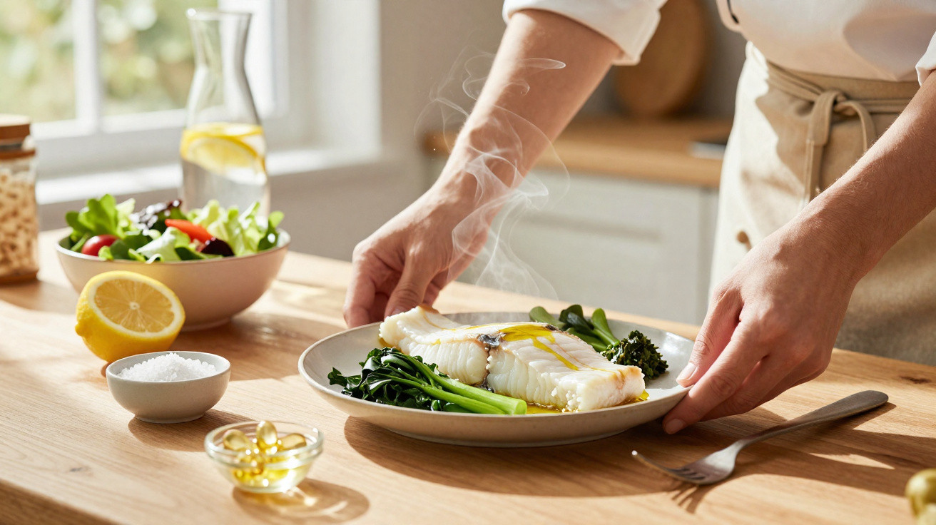 Pessoa a servir prato com peixe cozinhado a vapor e legumes verdes numa cozinha iluminada.