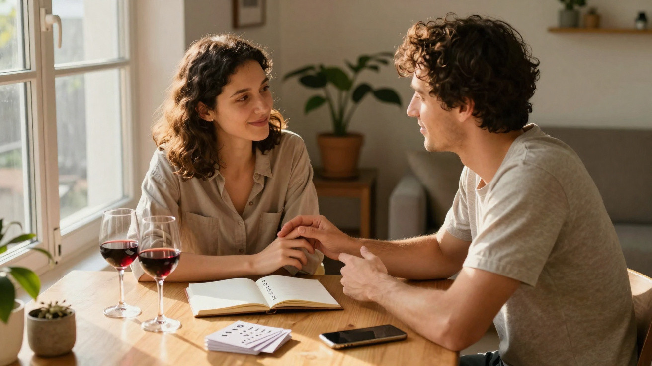Casal sentado à mesa com copos de vinho, conversando e segurando as mãos em ambiente acolhedor.