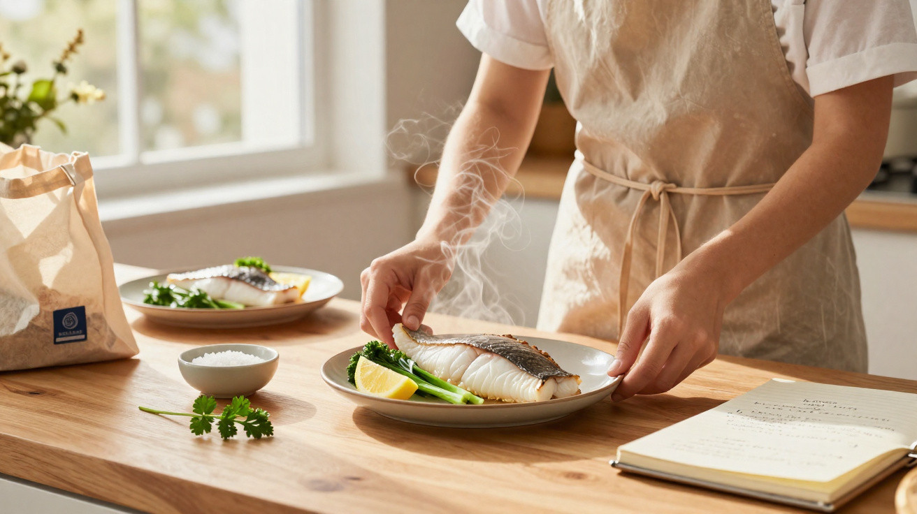 Pessoa a servir prato com peixe grelhado, legumes e limão numa cozinha iluminada naturalmente.