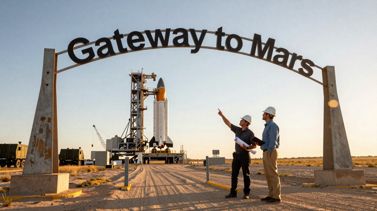 Dois engenheiros com capacetes junto a um arco metálico com a frase "Gateway to Mars" e um foguetão ao fundo.