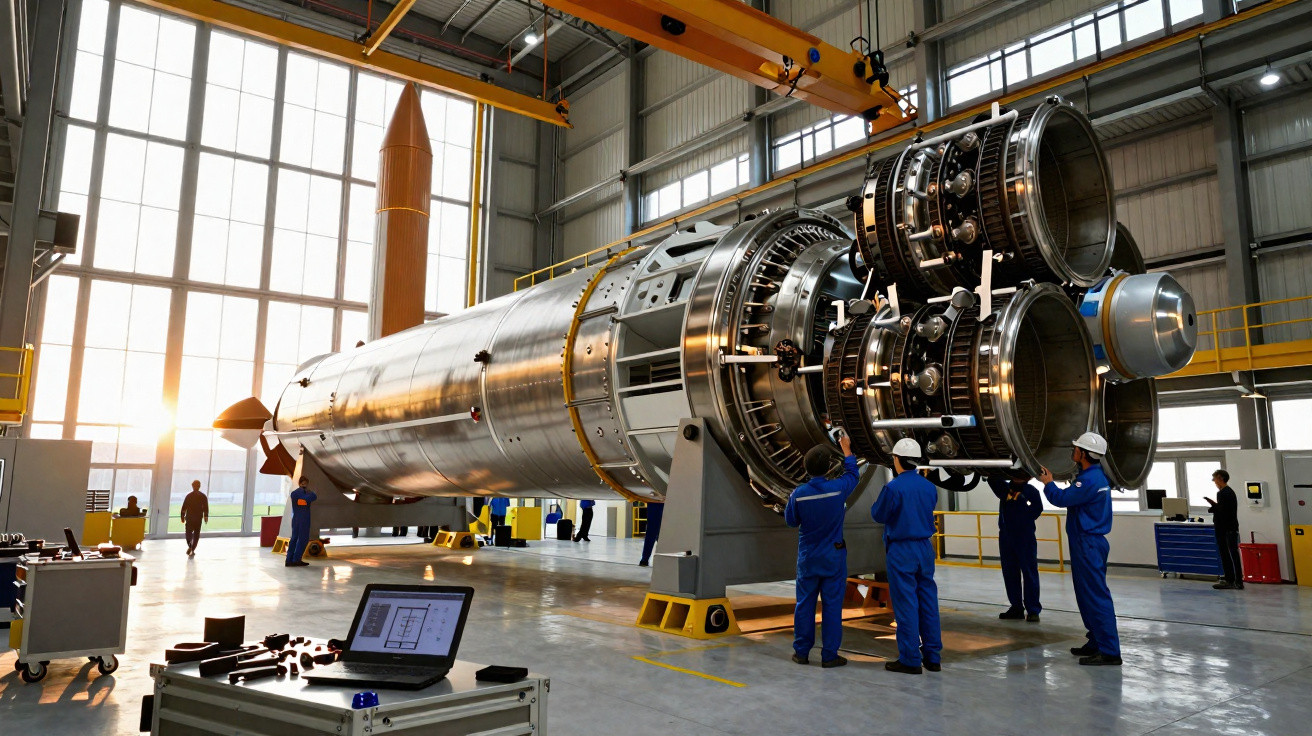 Técnicos em macacões azuis inspecionam motor de foguete espacial numa grande oficina com luz natural.