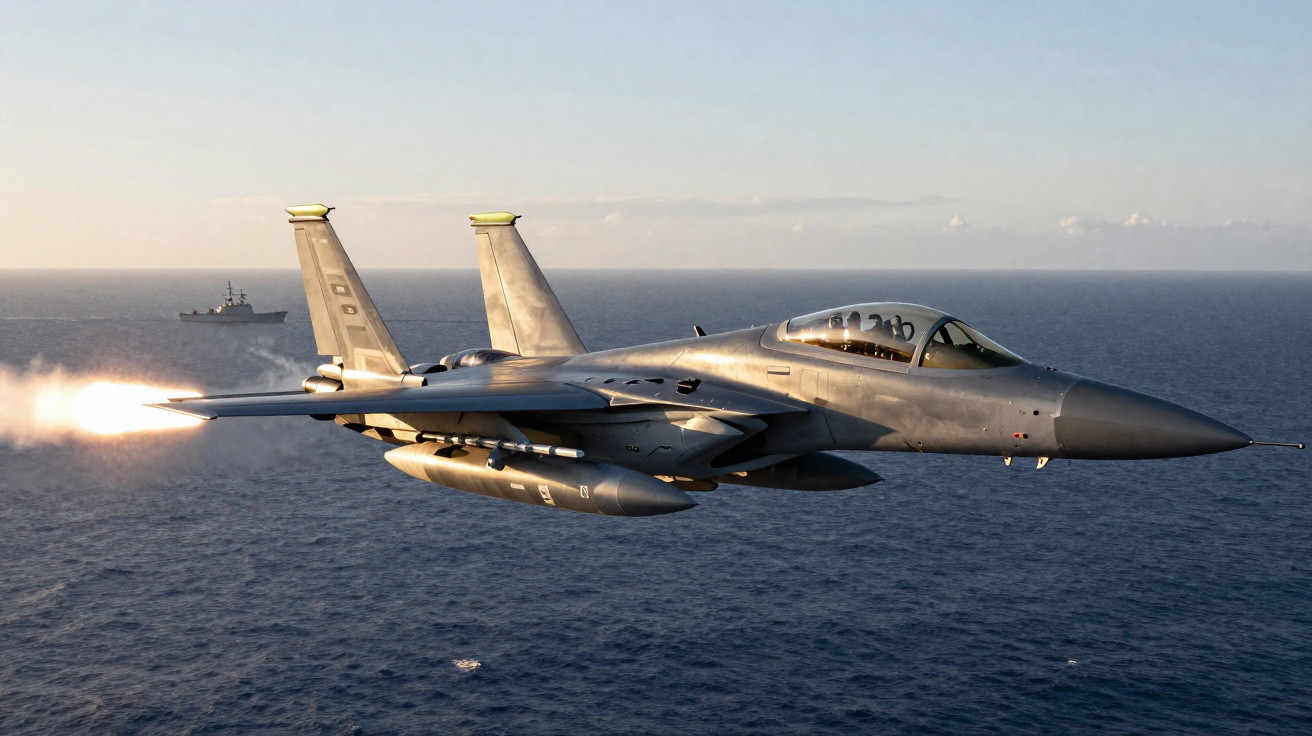 Caça militar cinza em voo sobre o mar com lança-foguetes ativo e navio ao longe.