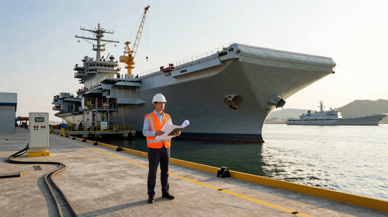Homem com capacete e colete de segurança em cais ao lado de grande navio militar atracado.