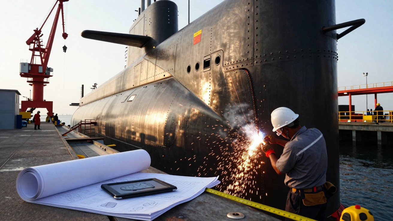 Trabalhador soldando lado de um submarino ancorado num estaleiro naval ao pôr do sol.