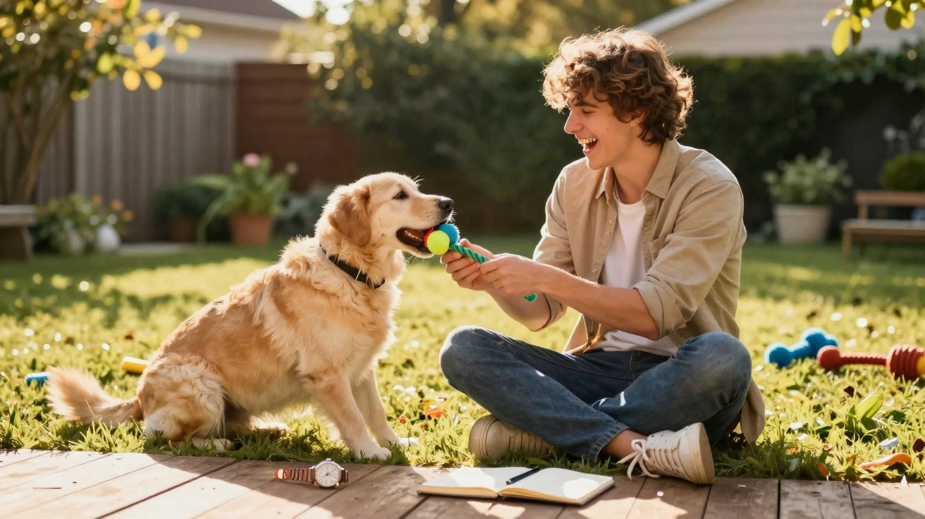 Jovem sentado no jardim a brincar com cão golden retriever, ambos felizes e envolvidos numa brincadeira.