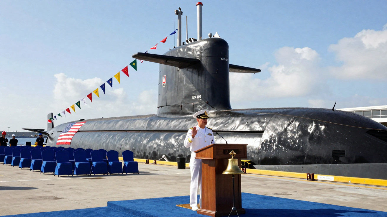 Oficial naval fala ao microfone em evento junto a um submarino preto decorado com bandeiras coloridas.