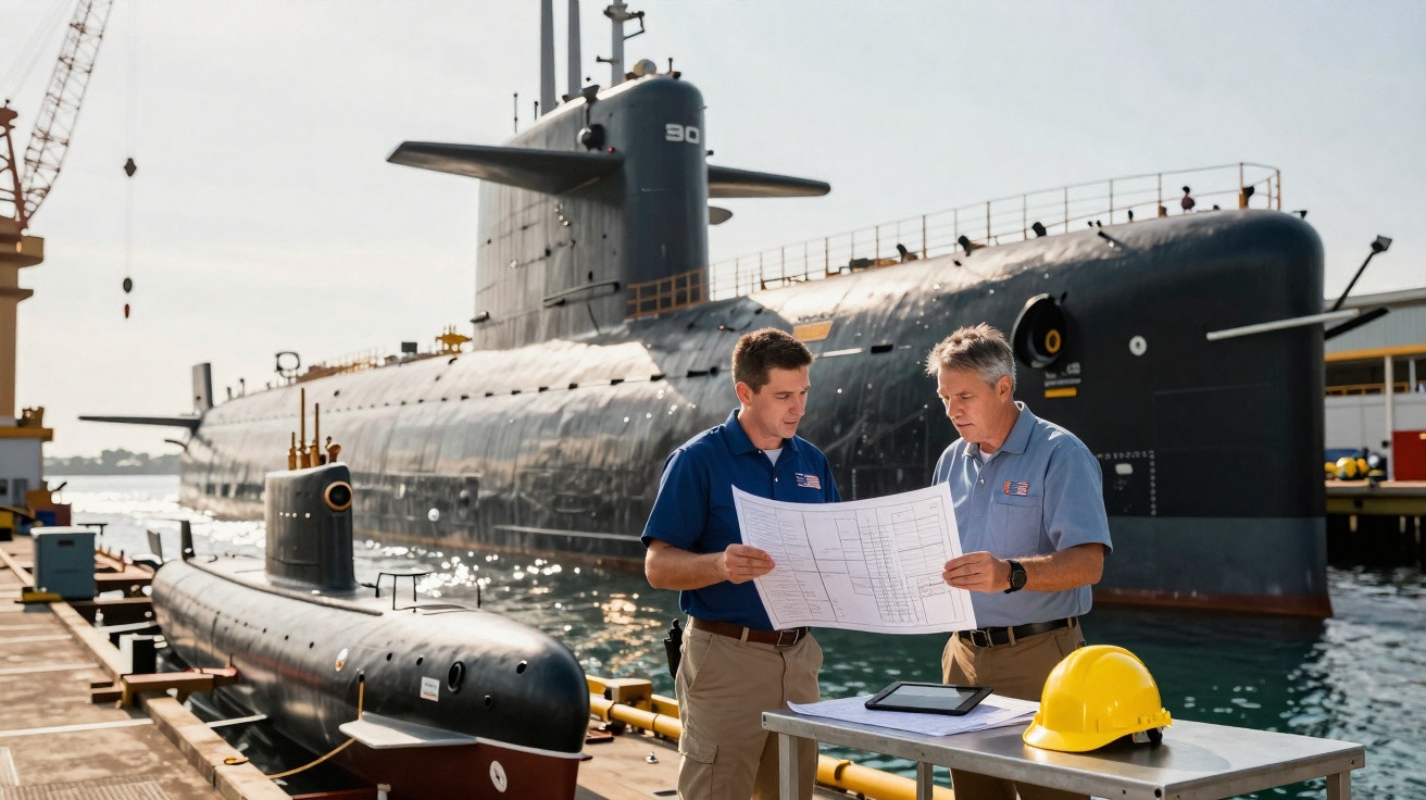 Dois homens analisam plantas junto a um grande submarino atracado num estaleiro naval, com um capacete amarelo na mesa.