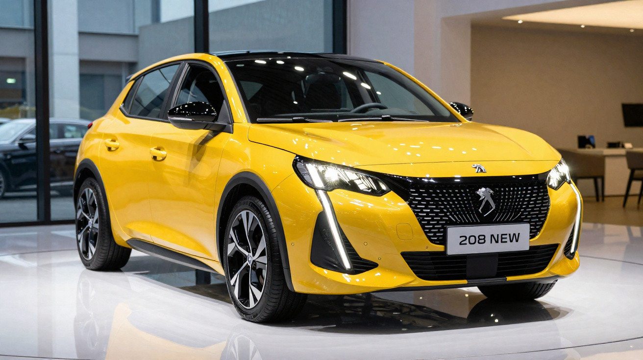Carro Peugeot 208 novo amarelo em exibição num salão moderno com chão branco e janelas de vidro.