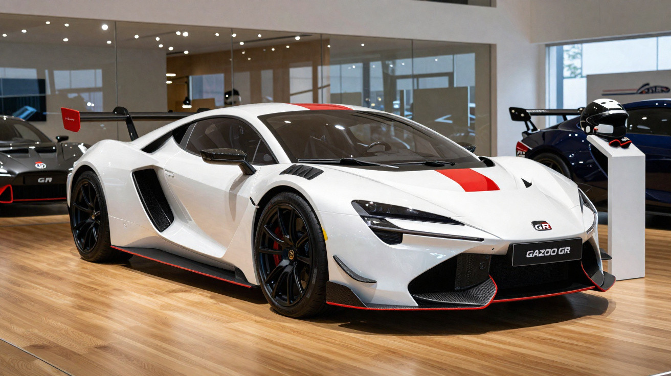 Carro desportivo branco com faixa vermelha e detalhes pretos exibido num showroom com pavimento em madeira.