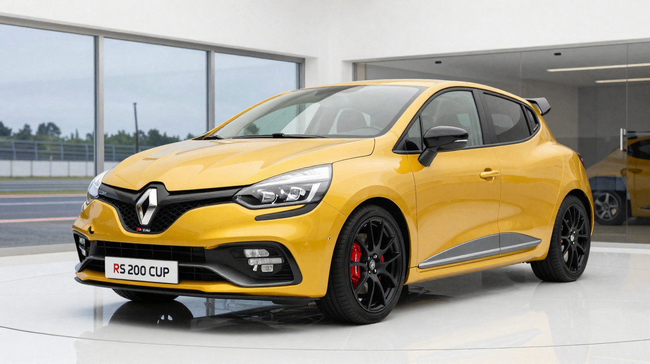 Renault Clio RS 200 CUP amarelo exposto numa sala branca com grandes janelas e rodas pretas.