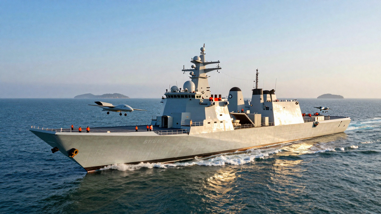 Navio de guerra cinzento em alto mar com drones aéreos a bordo e tripulantes no convés.