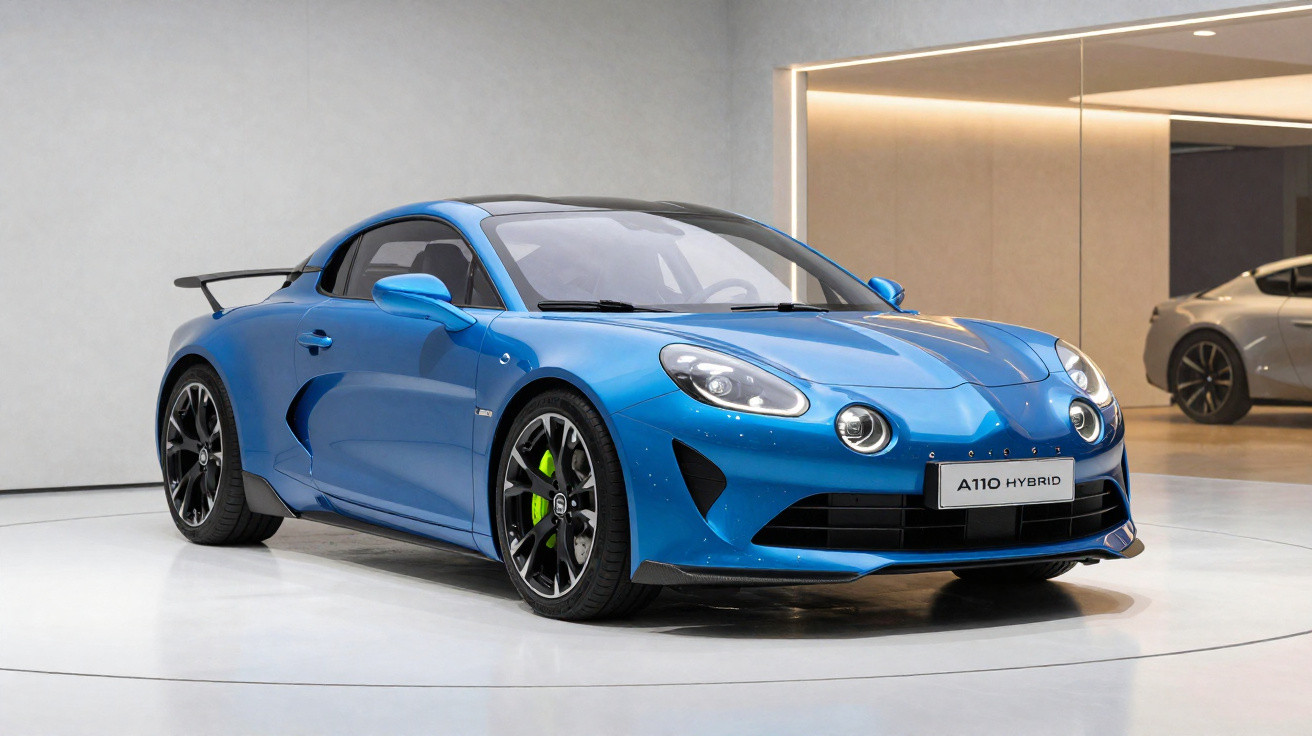 Carro desportivo azul Alpine A110 Hybrid em exposição numa sala moderna e luminosa.