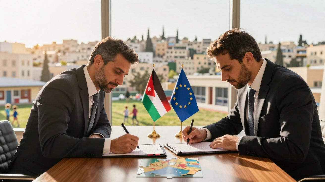 Dois homens de fato assinam documentos numa mesa com as bandeiras da Jordânia e da União Europeia ao centro.