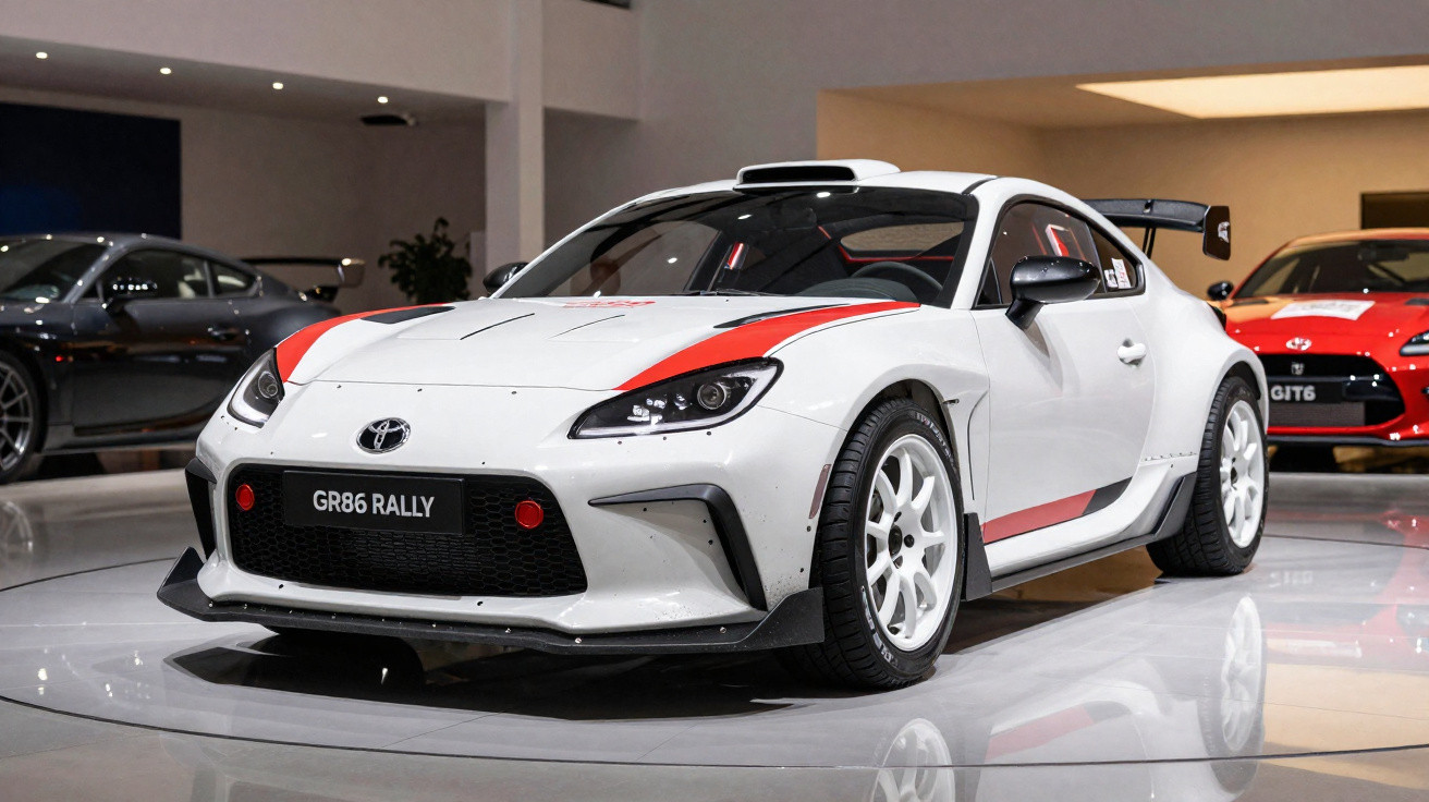 Carro de rali Toyota GR86 branco com detalhes vermelhos exposto num salão automóvel interior.