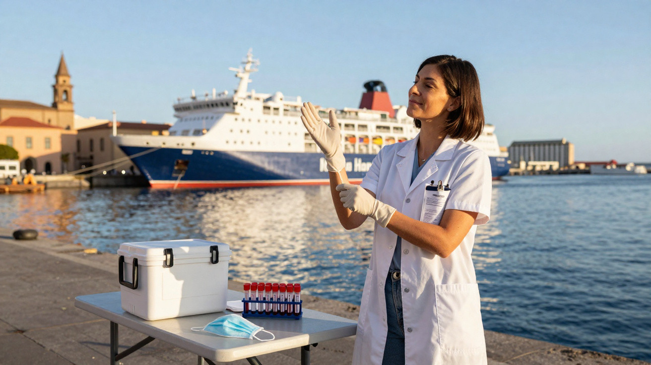 Profissional de saúde com luvas ao pé do mar, com mesa de trabalho e navio de cruzeiro ao fundo.