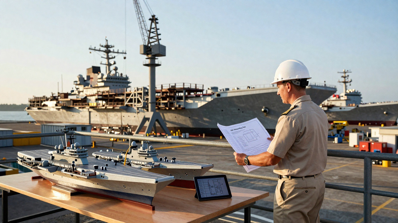 Homem com capacete branco analisa plantas ao lado de modelos de navios de guerra num cais naval.