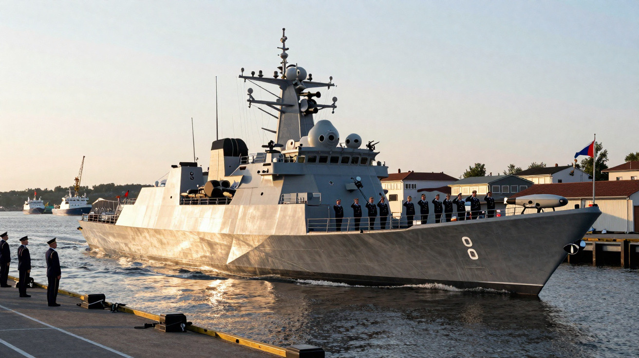 Navio de guerra cinzento com tripulação a bordo navegando perto de cais com militares em posição de cumprimentos.