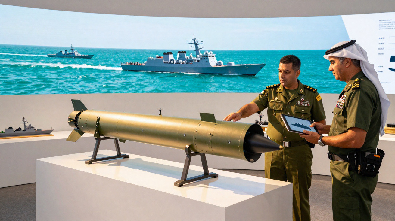 Dois militares em uniforme observam e discutem um torpedo exposto em museu com ecrã de navios ao fundo.