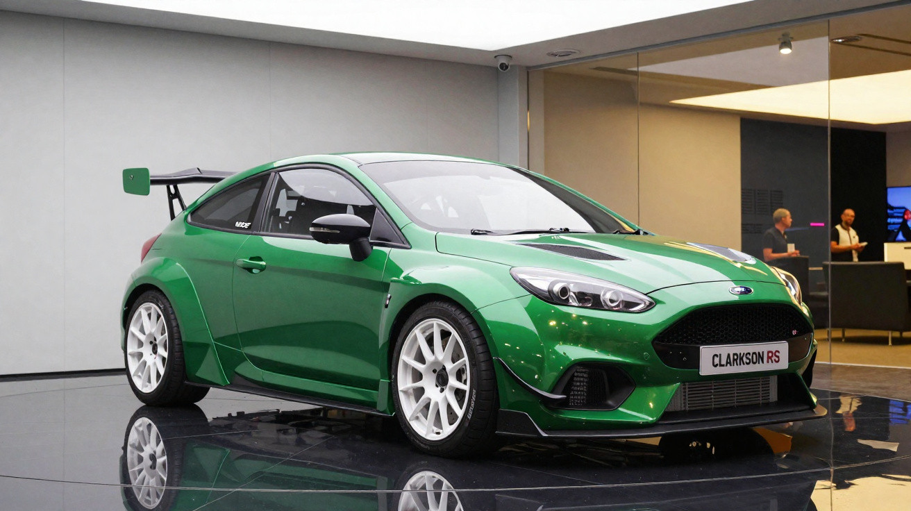 Carro desportivo verde metálico com rodas brancas em exposição interior, modelo Clarkson RS.