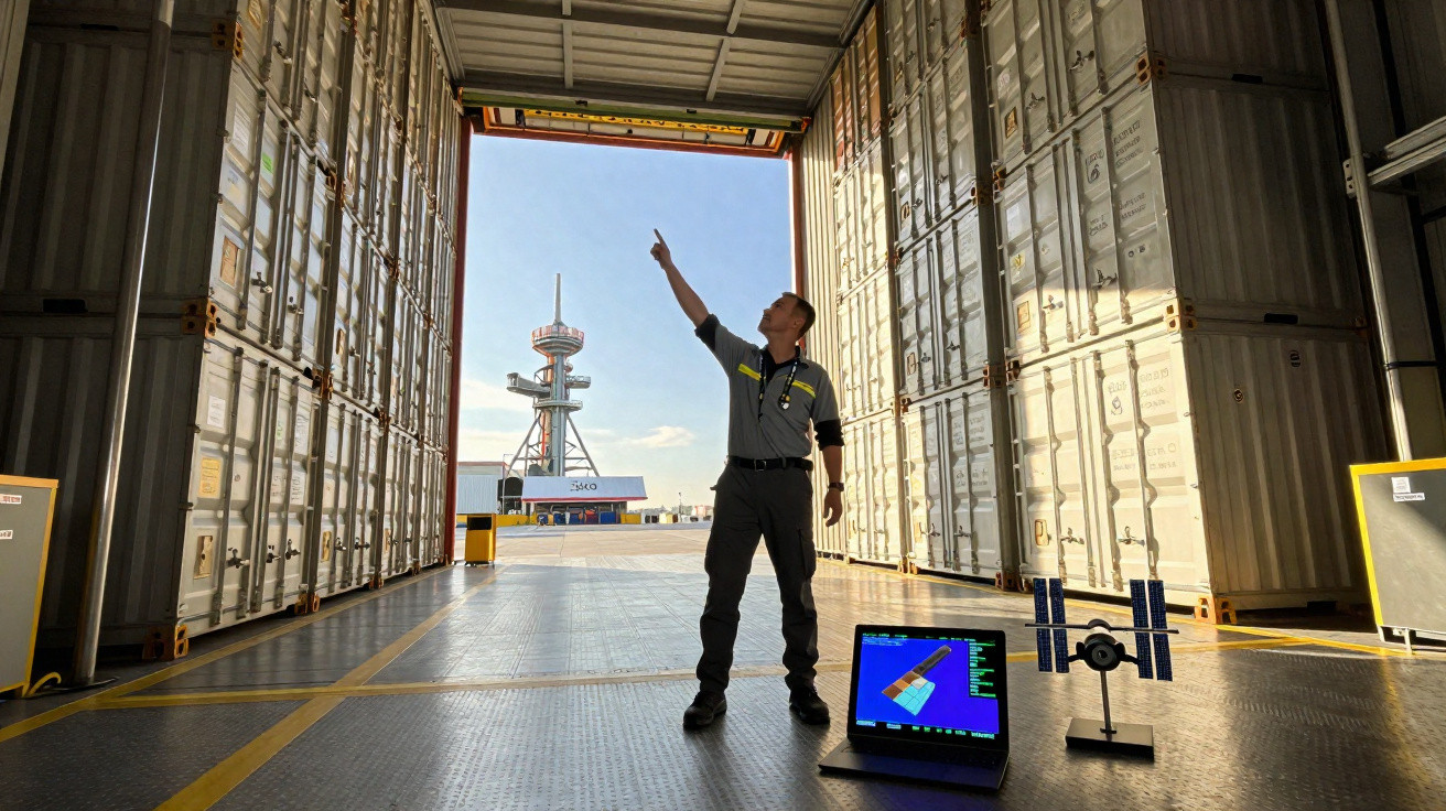 Homem em armazém de contentores aponta para cima com computador portátil e modelo de estação espacial no chão.