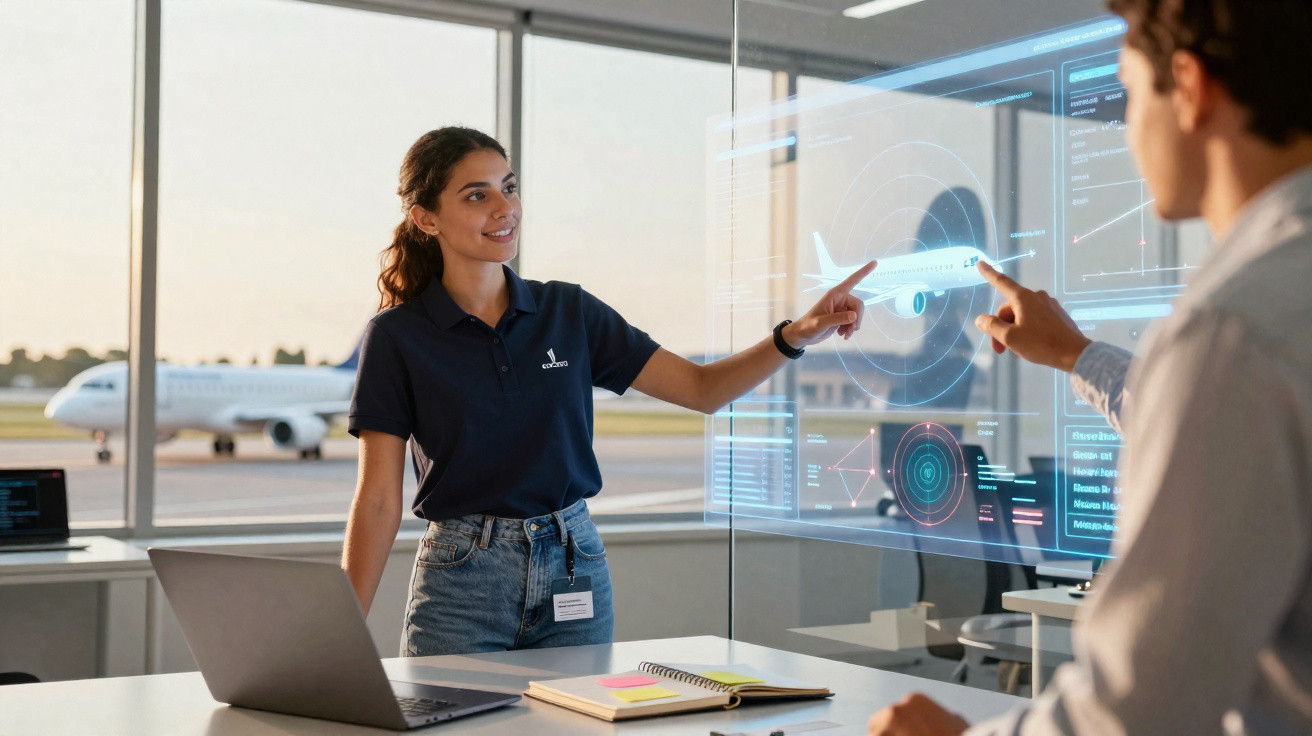 Mulher e homem analisam e apontam para um holograma digital de um avião numa sala moderna de aeroporto.