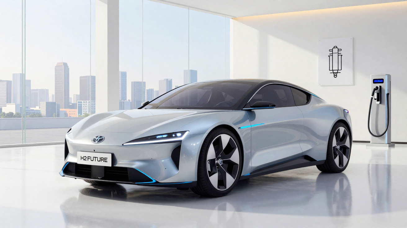 Carro elétrico cinza prateado Toyota H2 Future estacionado numa garagem moderna com parede de vidro e estação de carregamento
