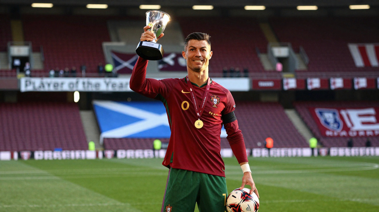 Jogador português com camisola da seleção ergue troféu em estádio vazio, sorrindo, medalha ao pescoço e bola na mão.