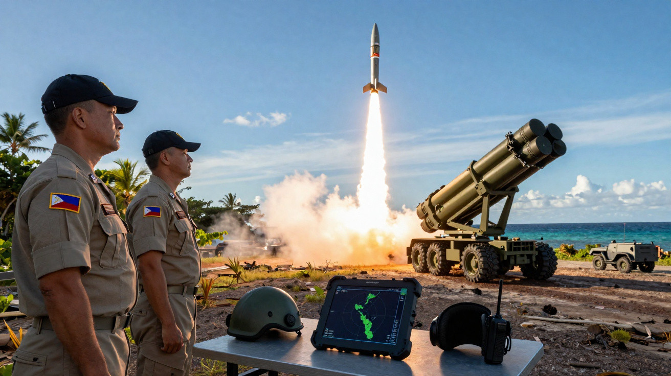 Dois soldados observam lançamento de míssil, com equipamento militar e paisagem costeira ao fundo.
