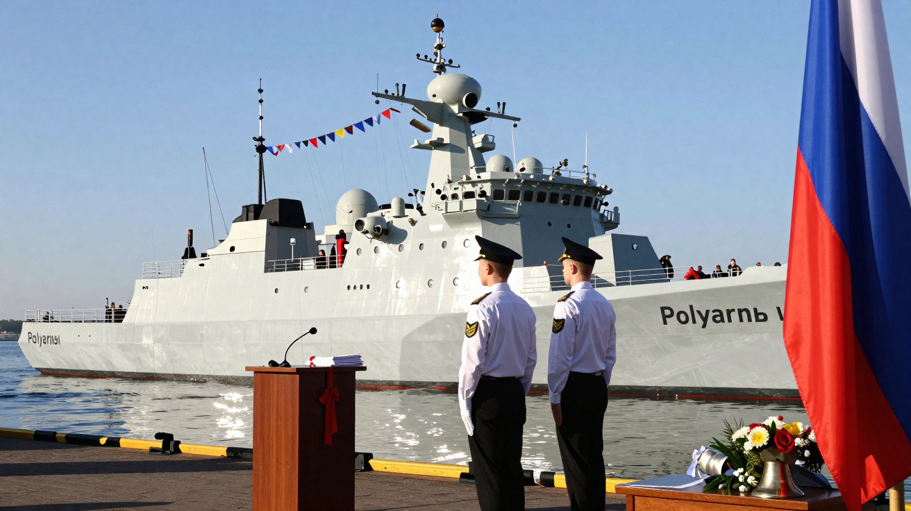 Dois marinheiros em uniforme, navio de guerra cinzento no porto e bandeira da Rússia visível à direita.