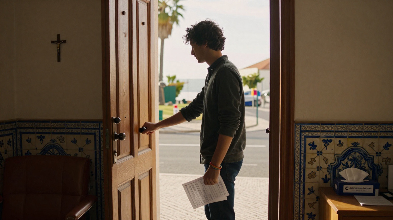 Jovem abre porta de madeira em entrada decorada com azulejos e crucifixo, segurando documentos.