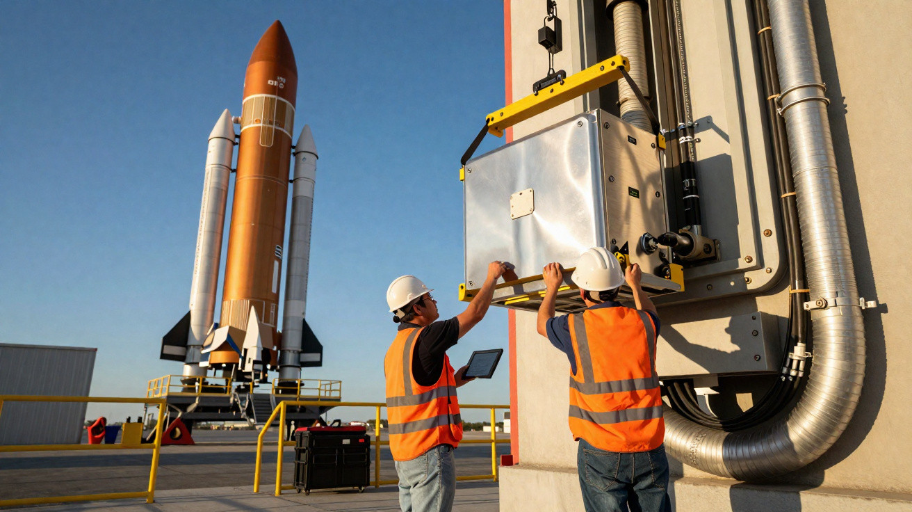 Dois técnicos com coletes e capacetes a instalar equipamento elétrico numa plataforma de lançamento com foguetão ao fundo.