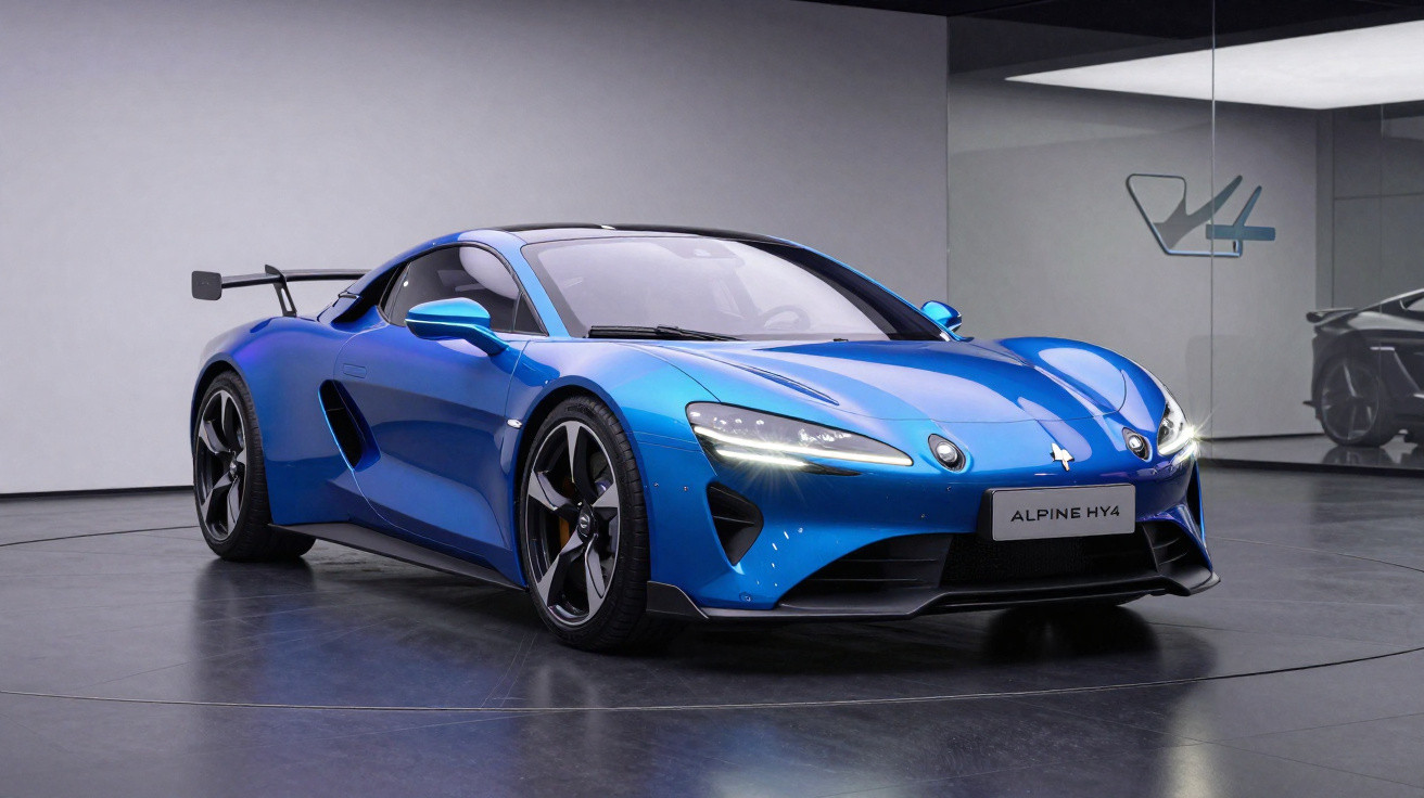 Carro desportivo Alpine HY4 azul, elegante e moderno, exibido em espaço interior minimalista.