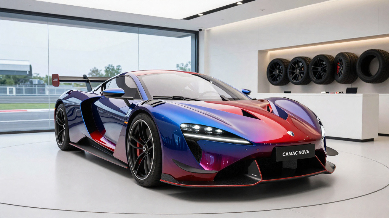 Carro desportivo azul e vermelho, modelo Camac Nova, exposto numa sala moderna com pneus na parede.