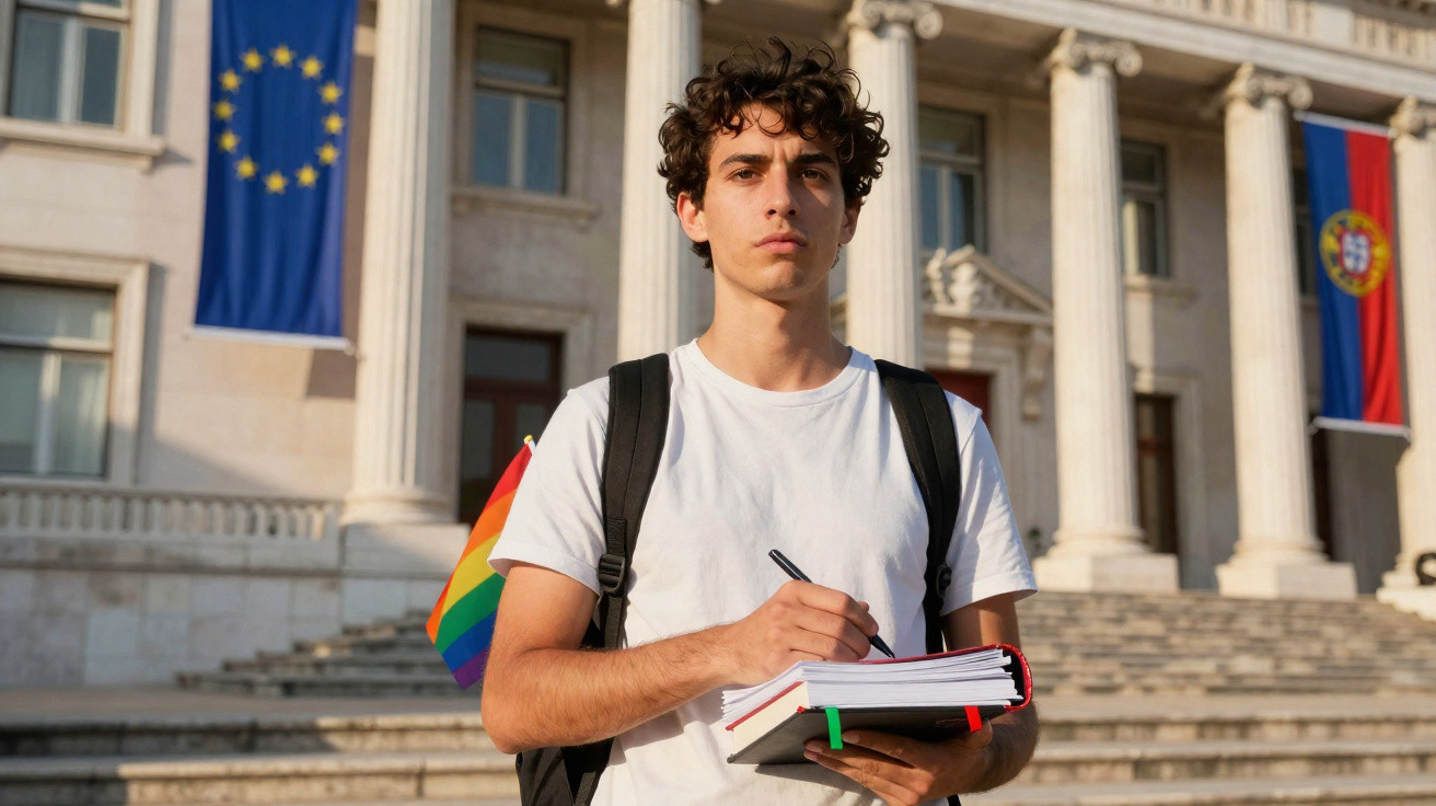 Jovem com camiseta branca segura caderno e caneta em frente a edifício oficial com bandeiras da UE, Portugal e arco-íris.