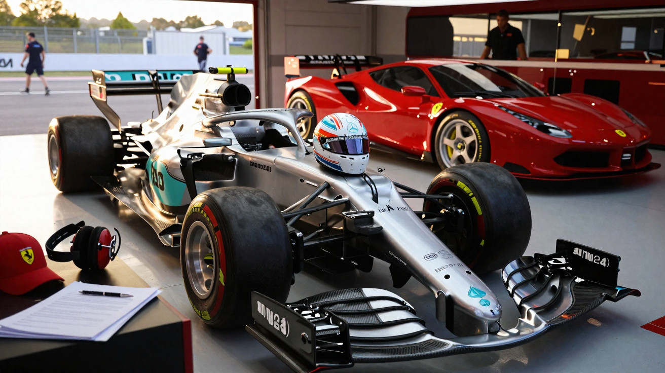 Carro de Fórmula 1 da Mercedes estacionado na garagem com piloto e um Ferrari vermelho ao fundo.