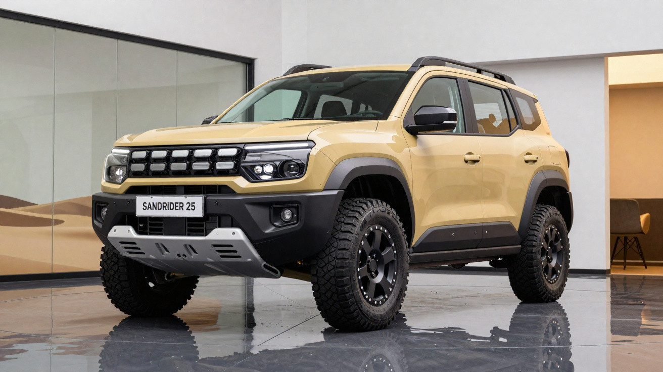 SUV amarelo com pneus robustos estacionado em sala moderna com chão reflexivo e paredes brancas.
